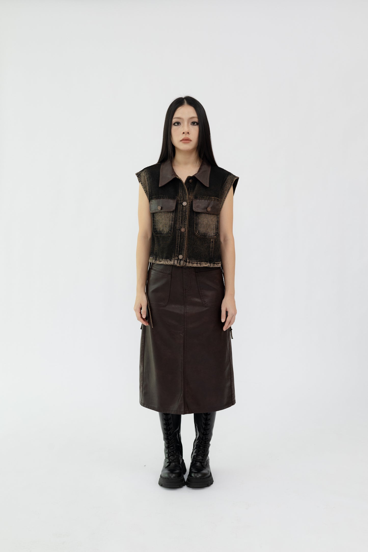 High Waist Midi Leather Skirt .