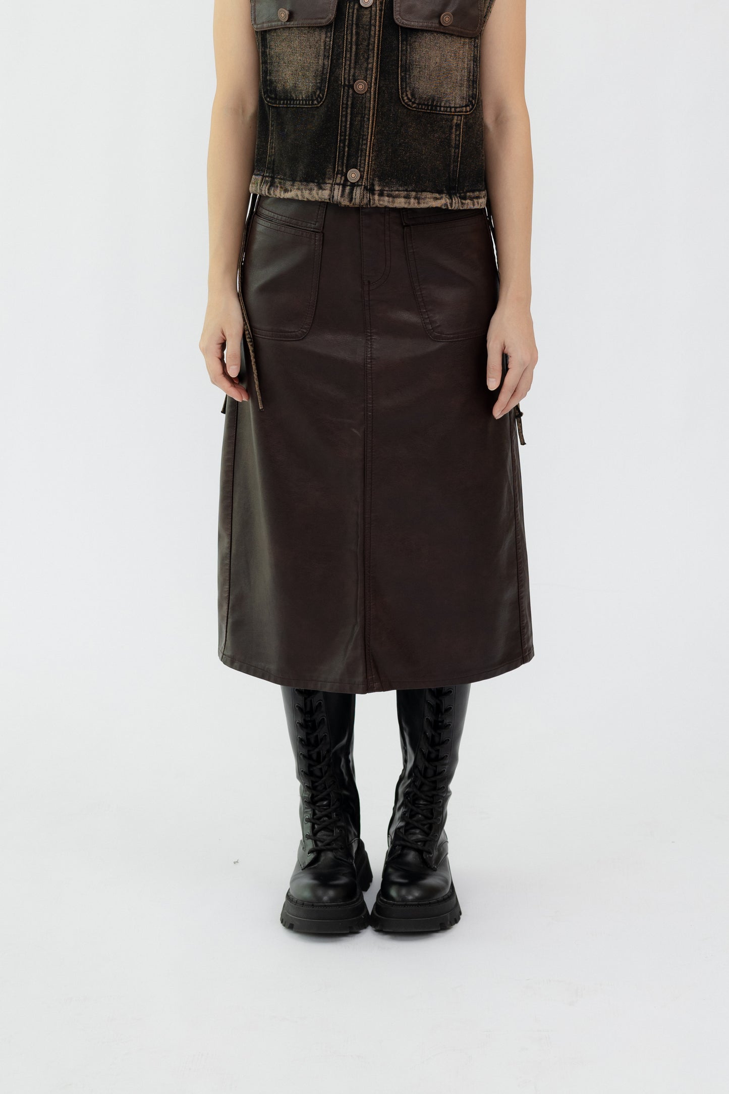 High Waist Midi Leather Skirt .