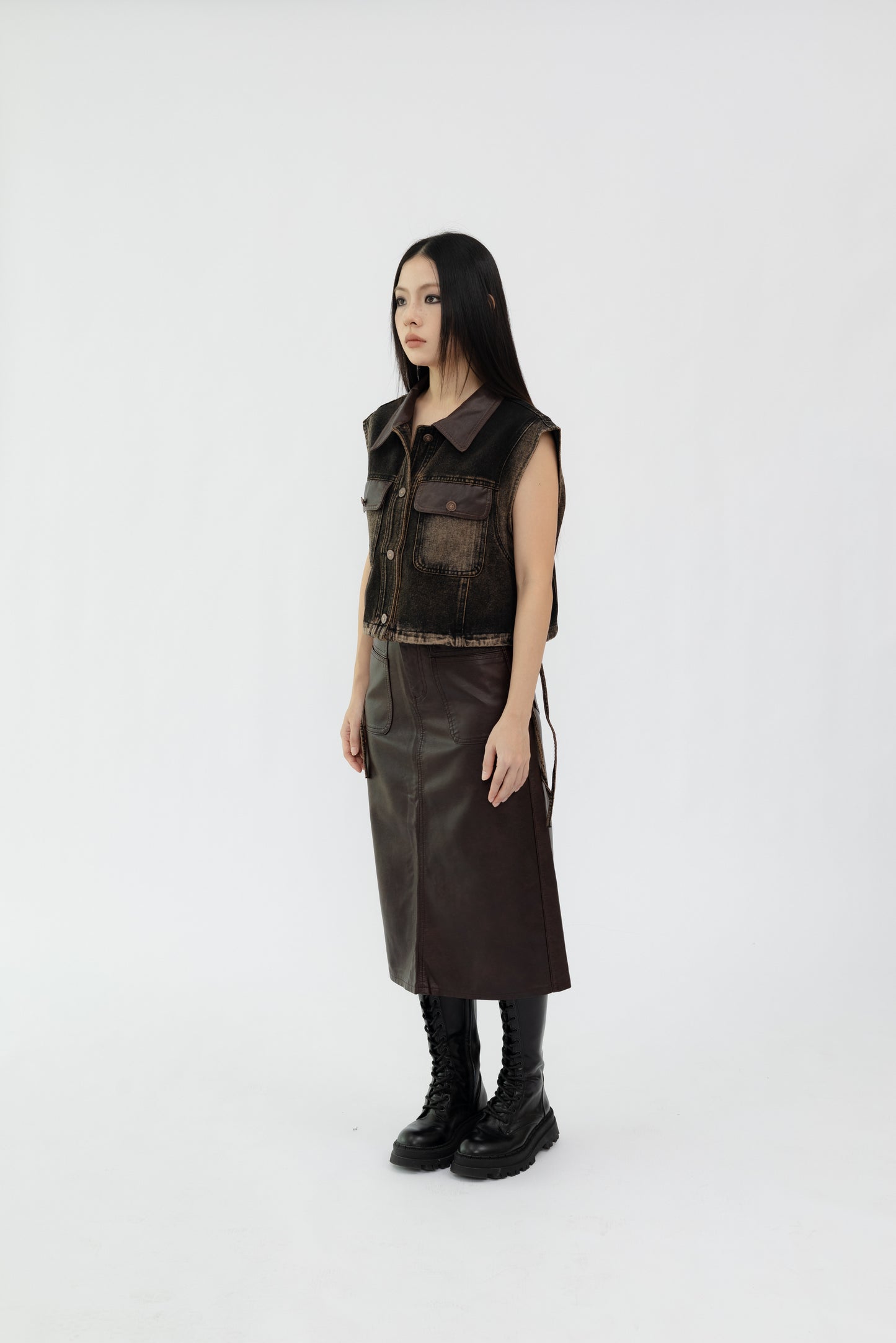High Waist Midi Leather Skirt .