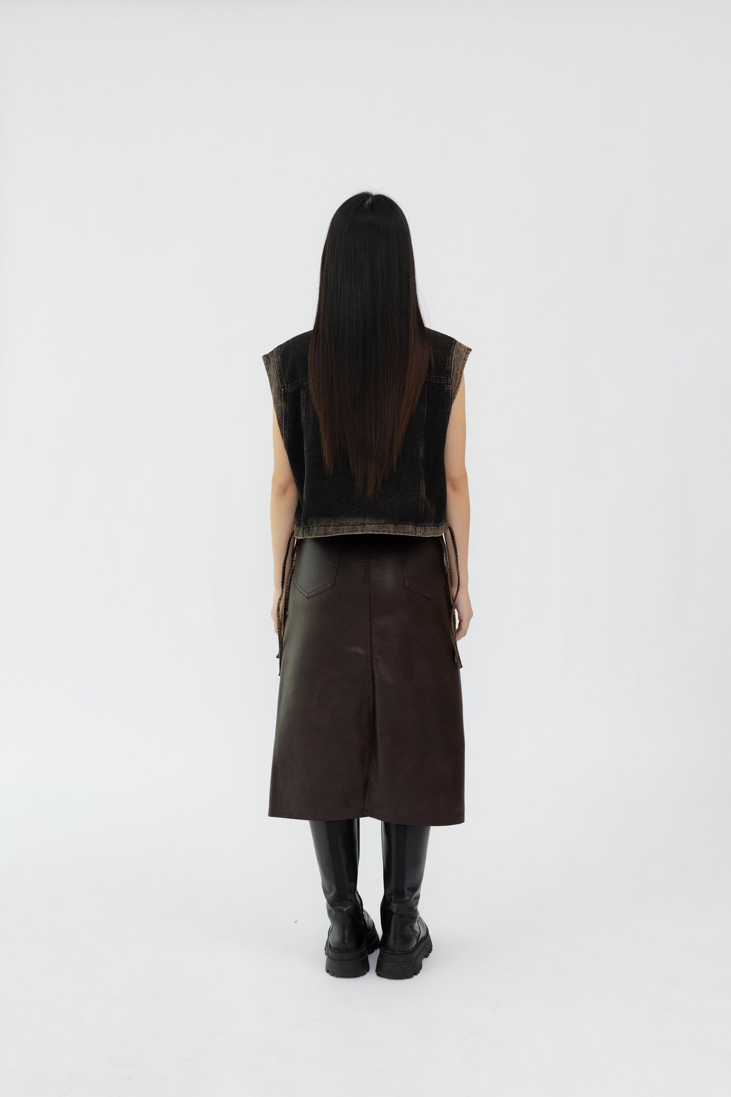 High Waist Midi Leather Skirt .