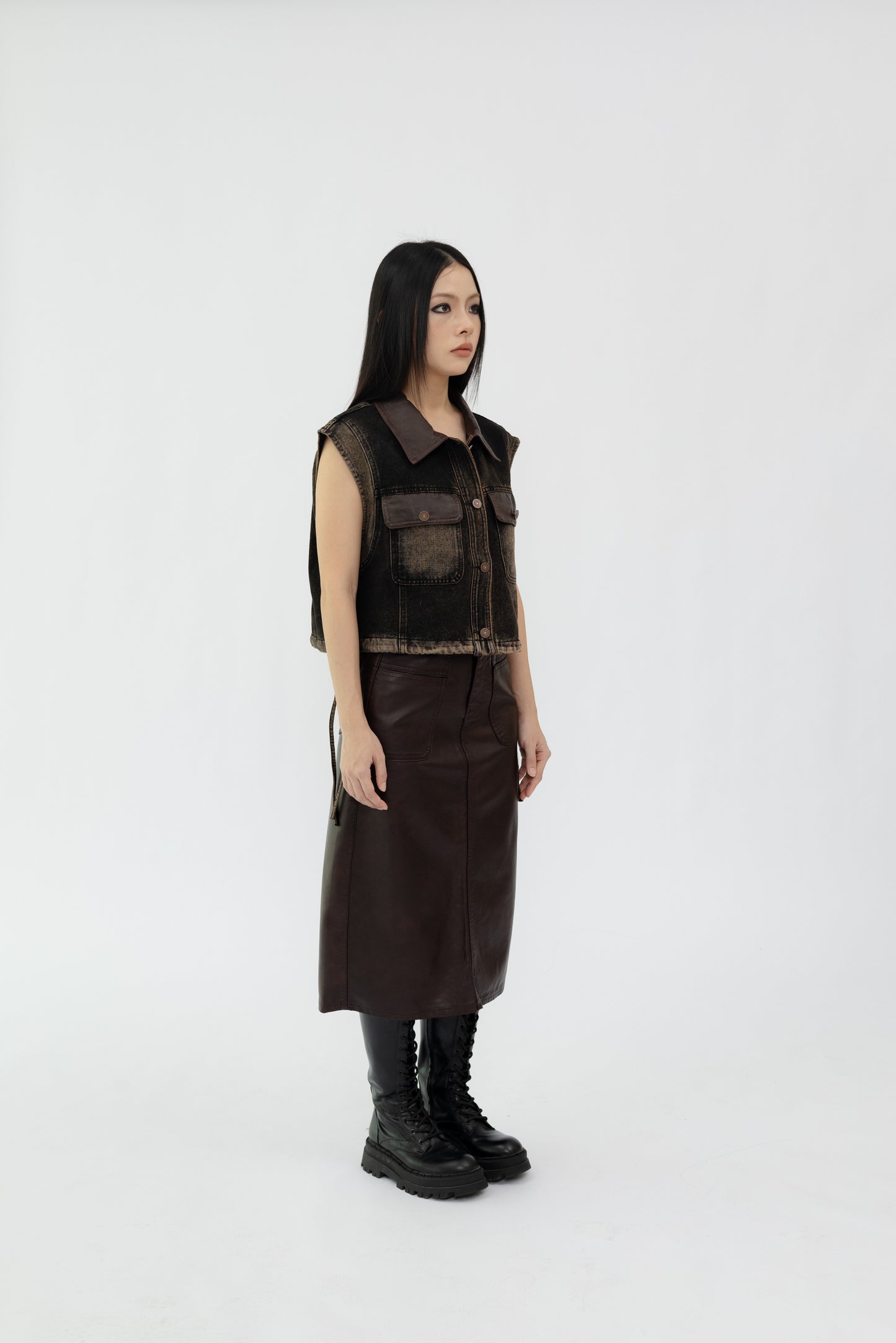 High Waist Midi Leather Skirt .
