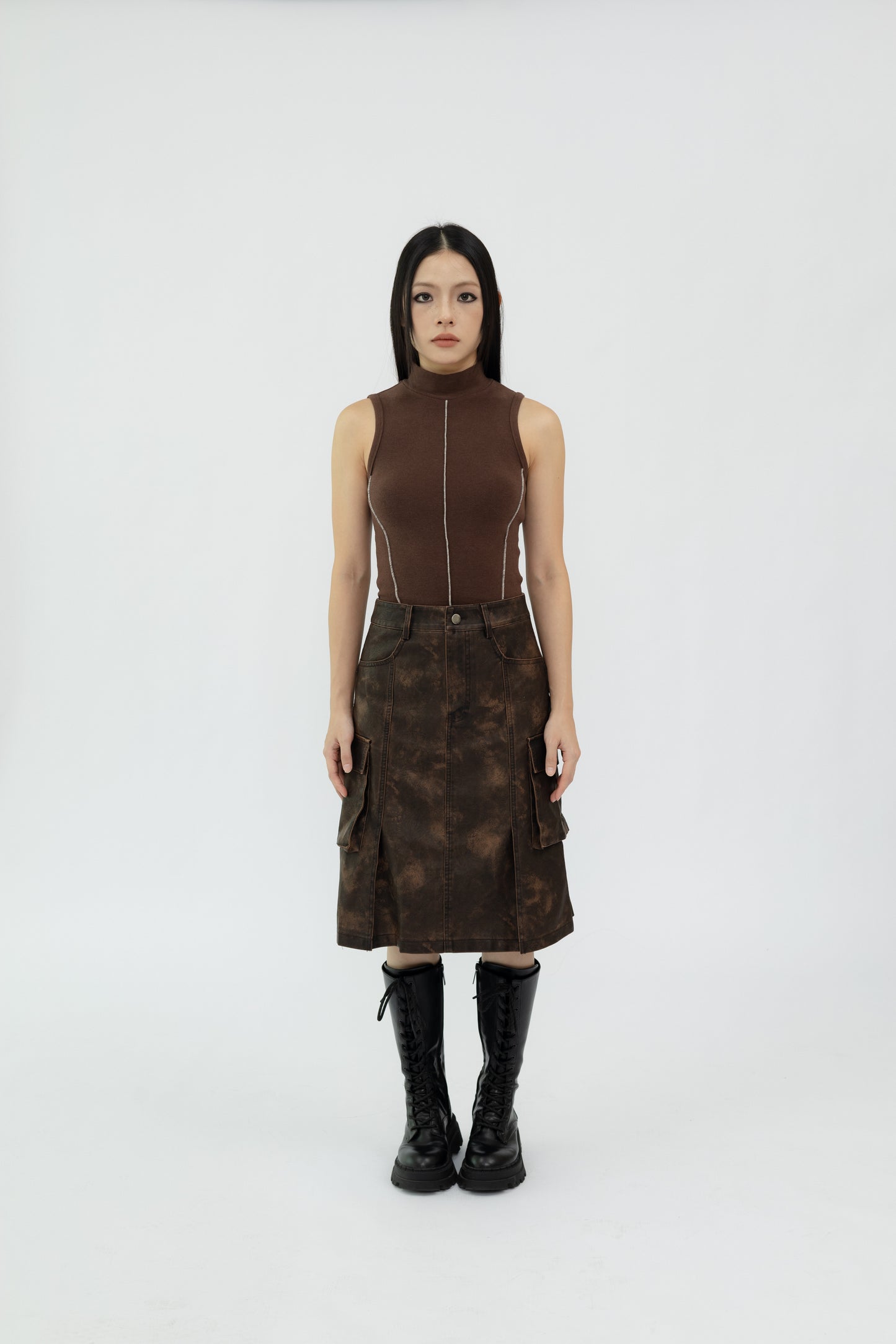 Washed Faux Leather Midi Skirt .