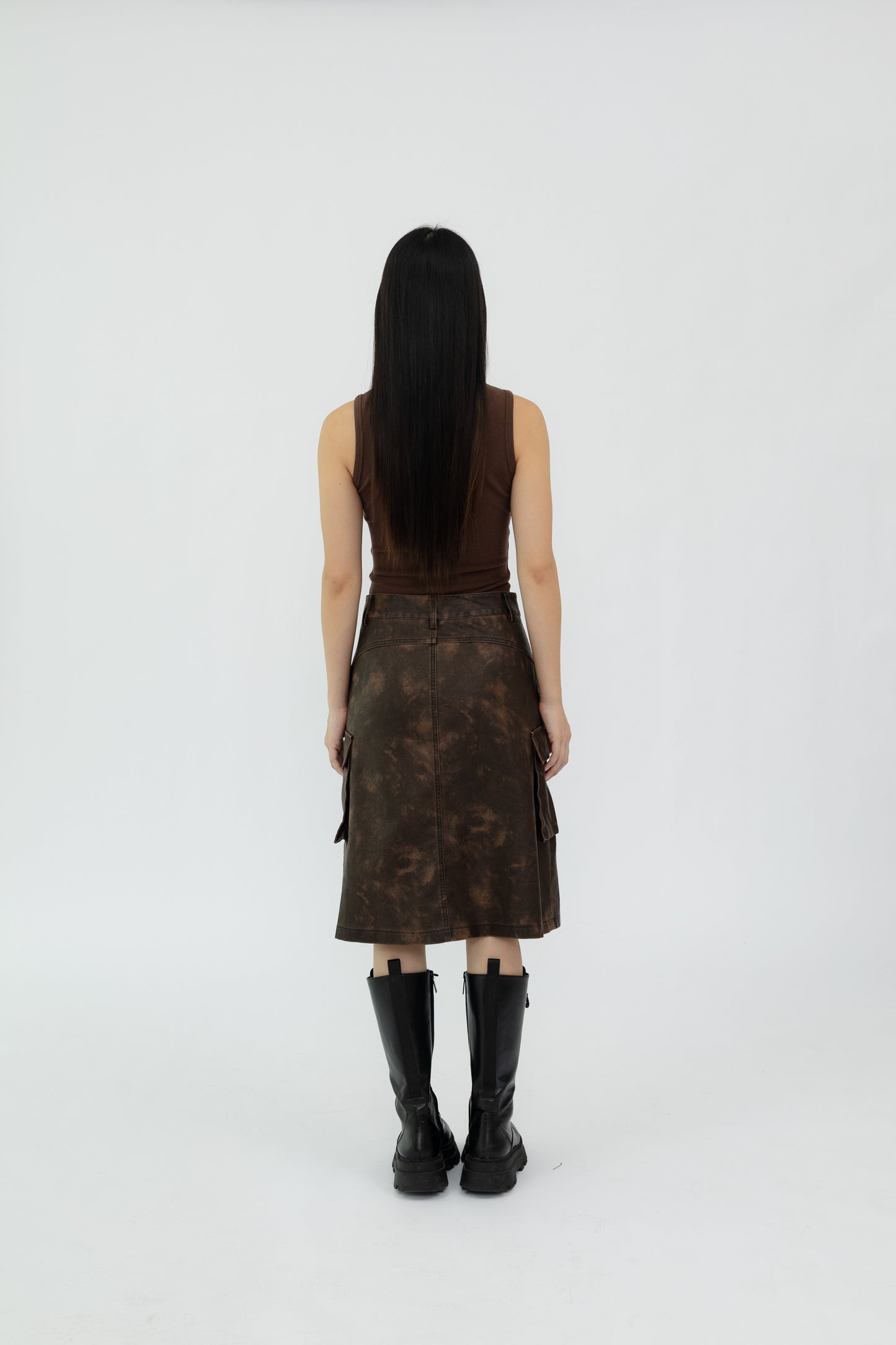 Washed Faux Leather Midi Skirt .