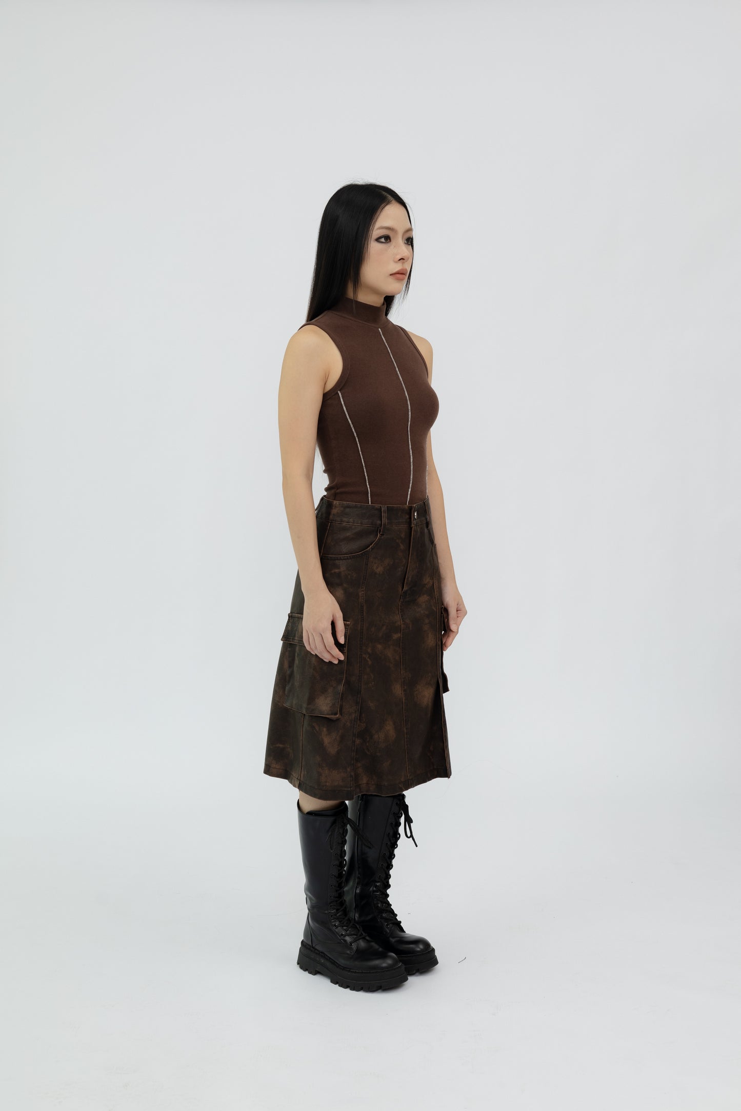 Washed Faux Leather Midi Skirt .