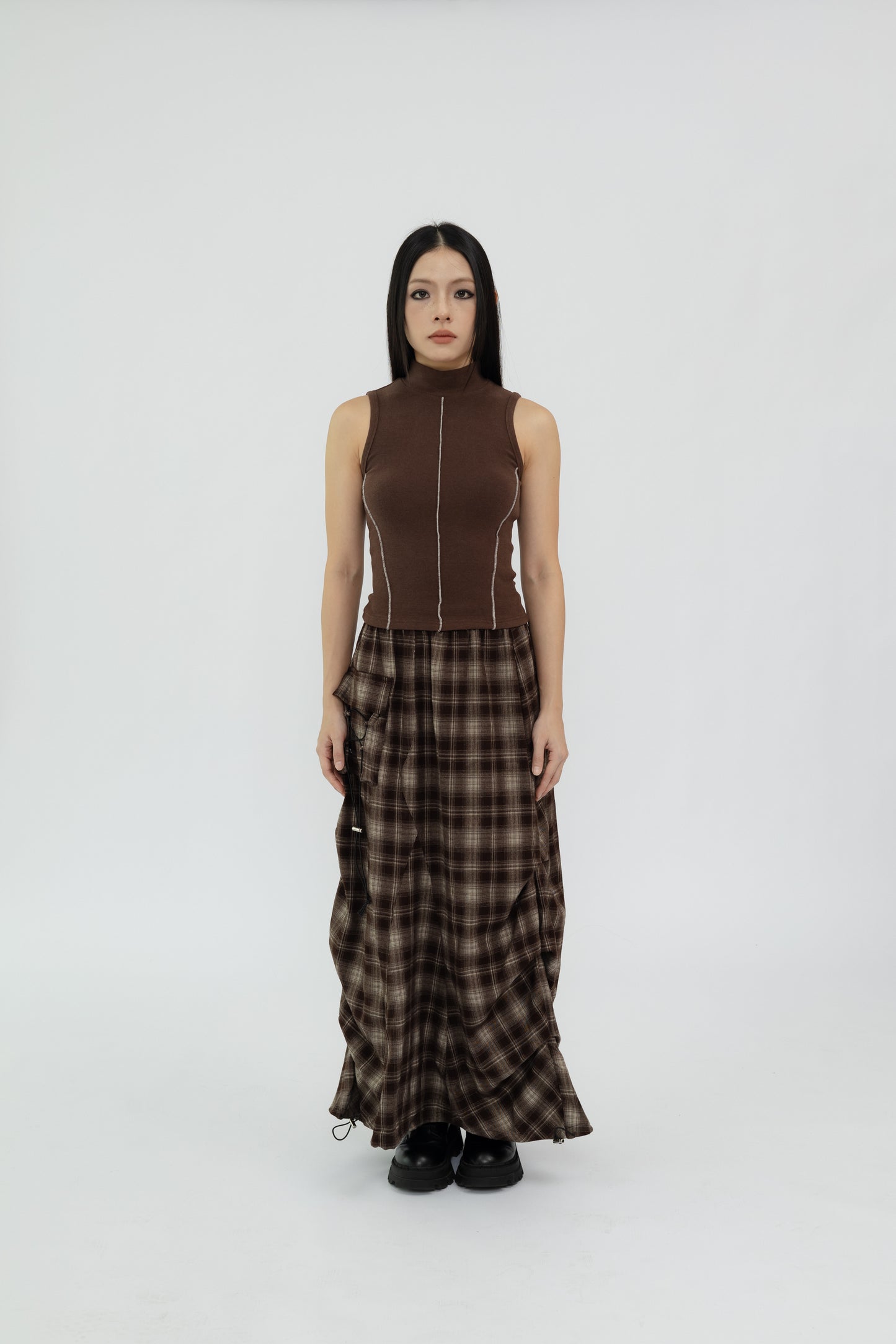 Plaid Skirt with Drawstring .
