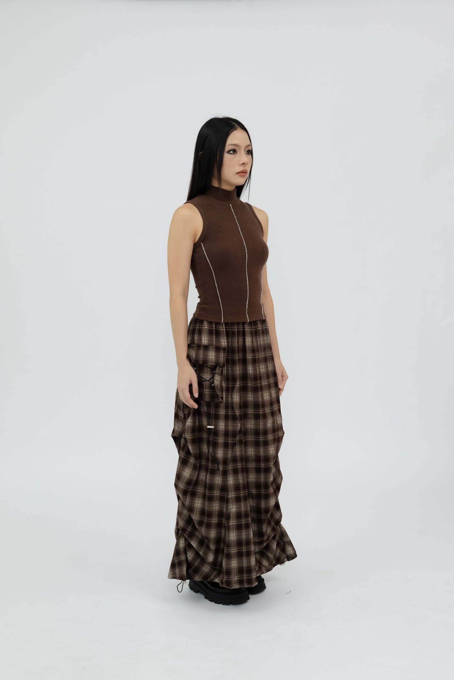 Plaid Skirt with Drawstring .