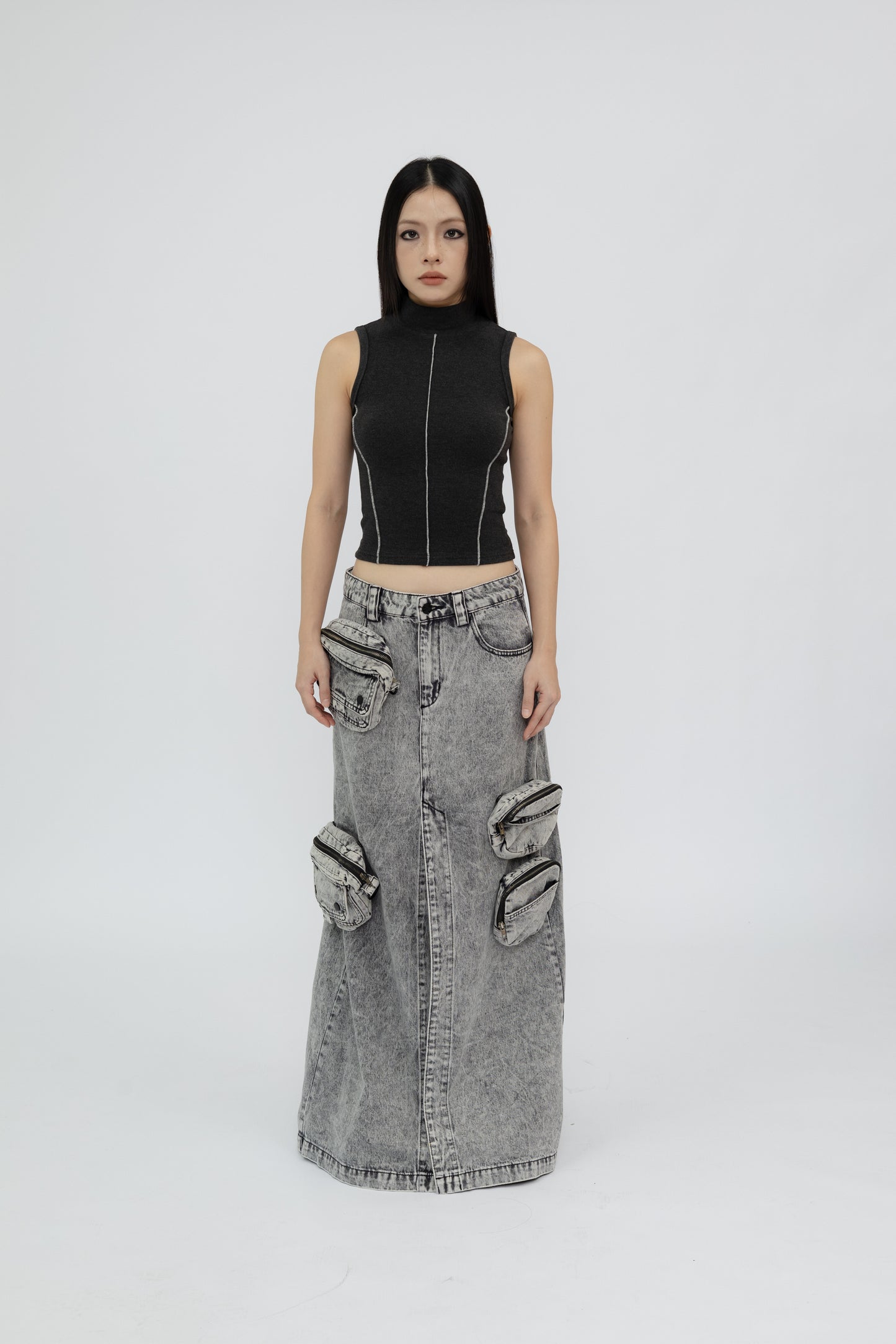 Washed Denim Skirt with Removable Pouches .