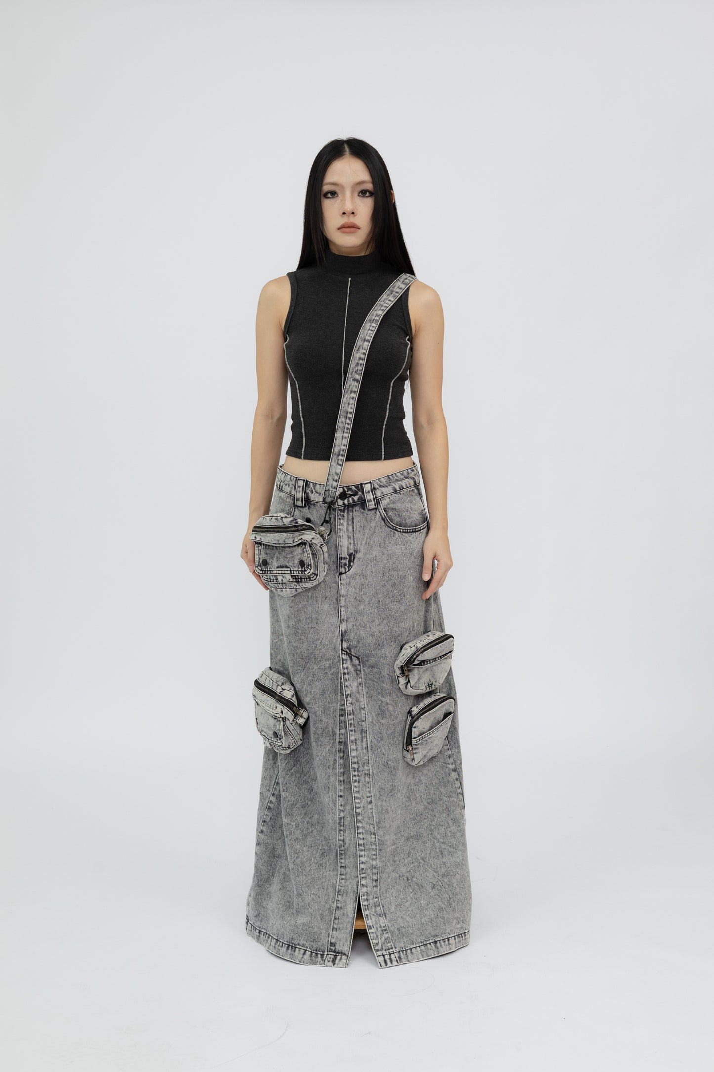 Washed Denim Skirt with Removable Pouches .