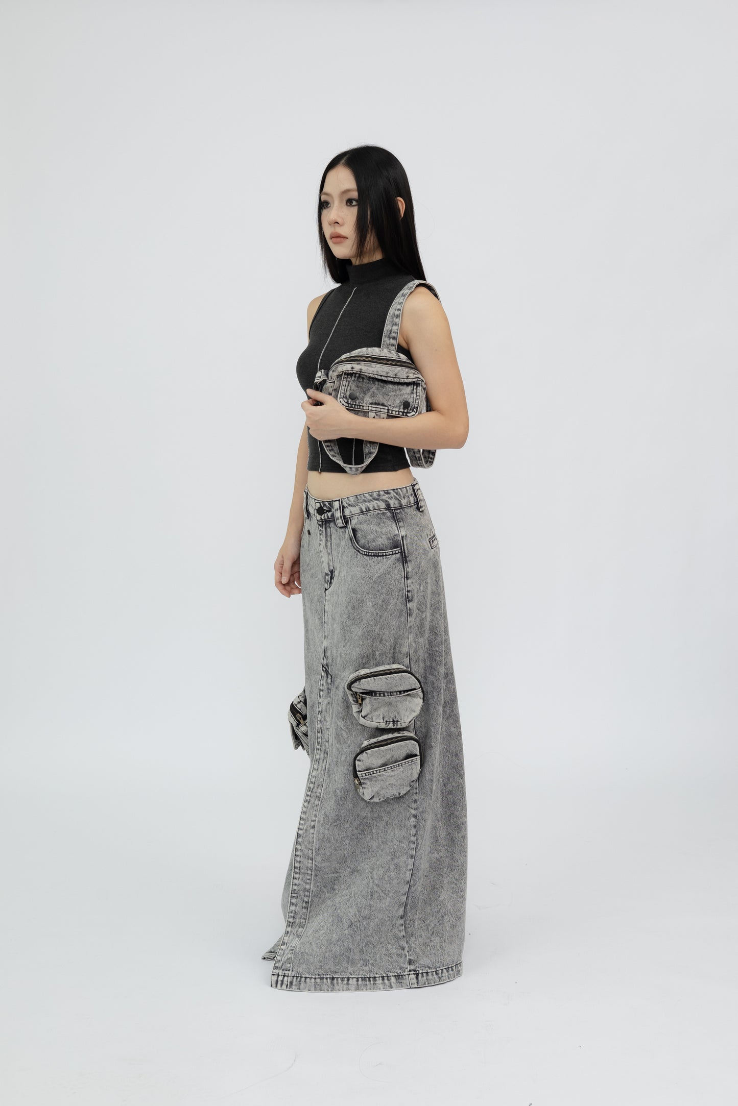 Washed Denim Skirt with Removable Pouches .