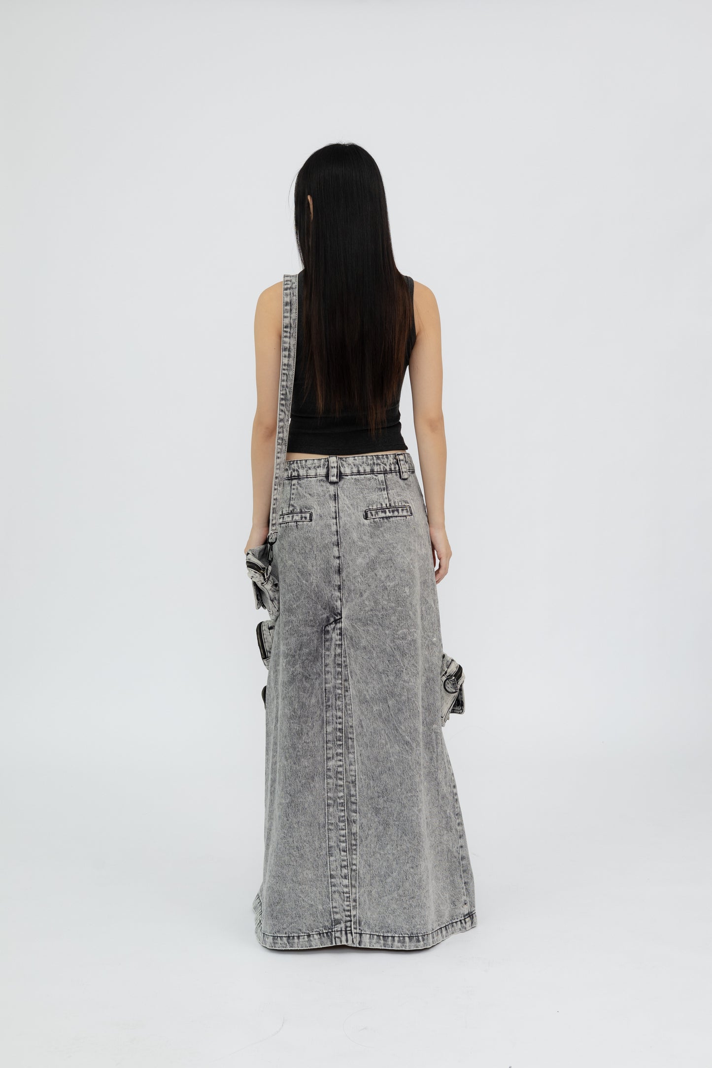 Washed Denim Skirt with Removable Pouches .