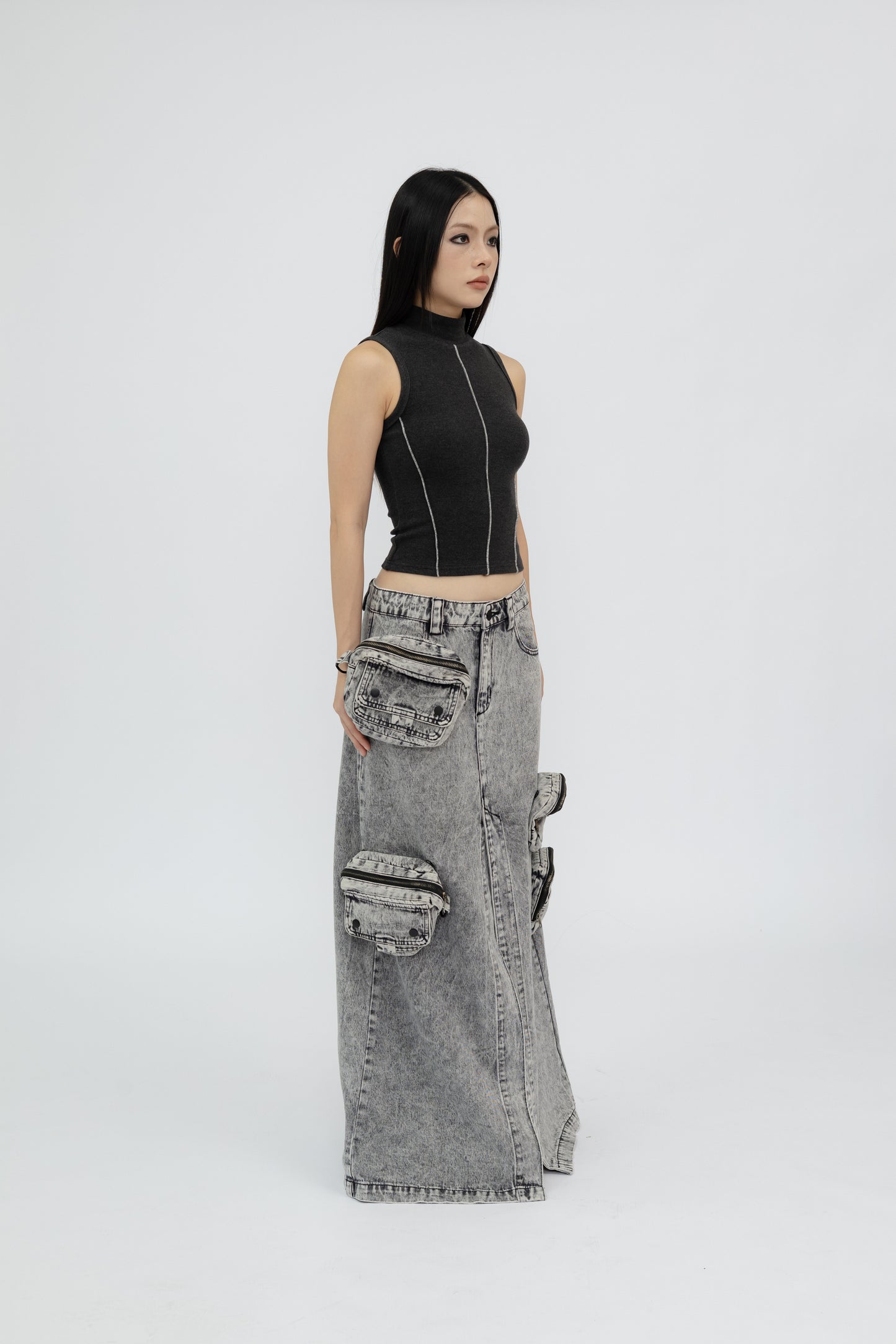 Washed Denim Skirt with Removable Pouches .