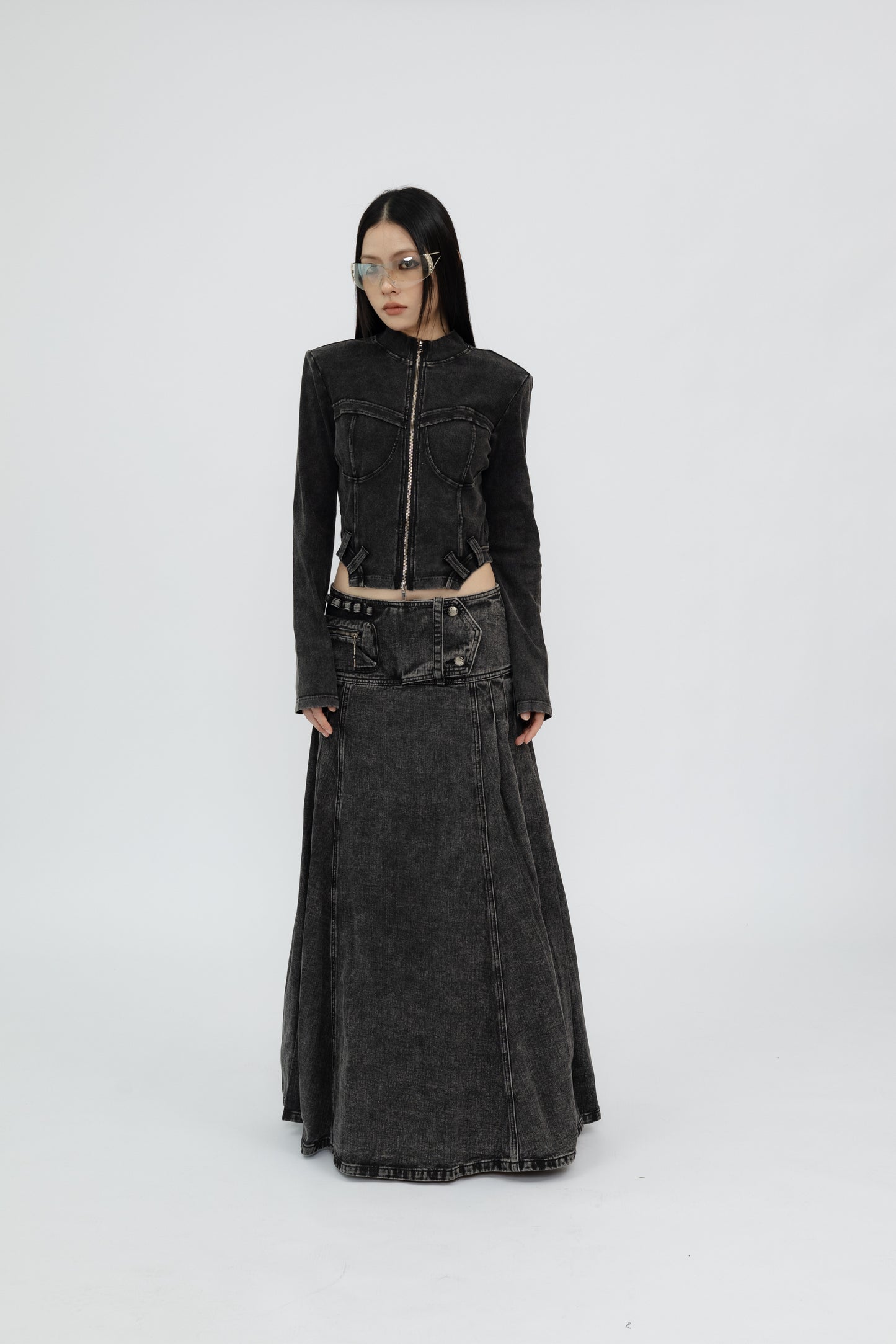 Washed Denim Flared Skirt .