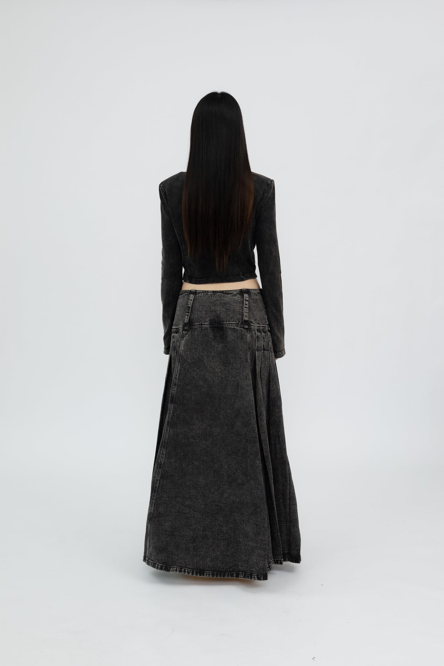 Washed Denim Flared Skirt .