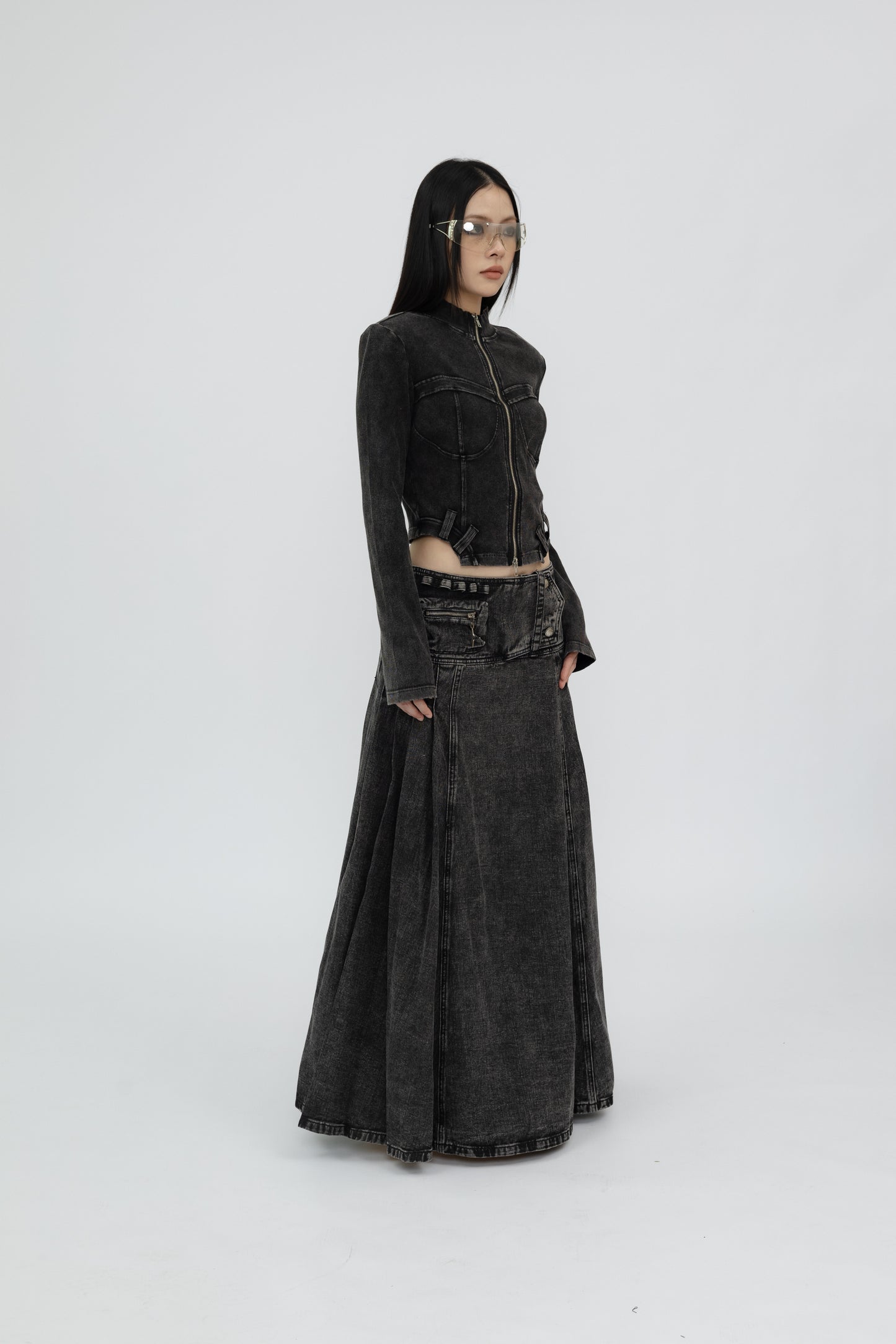 Washed Denim Flared Skirt .