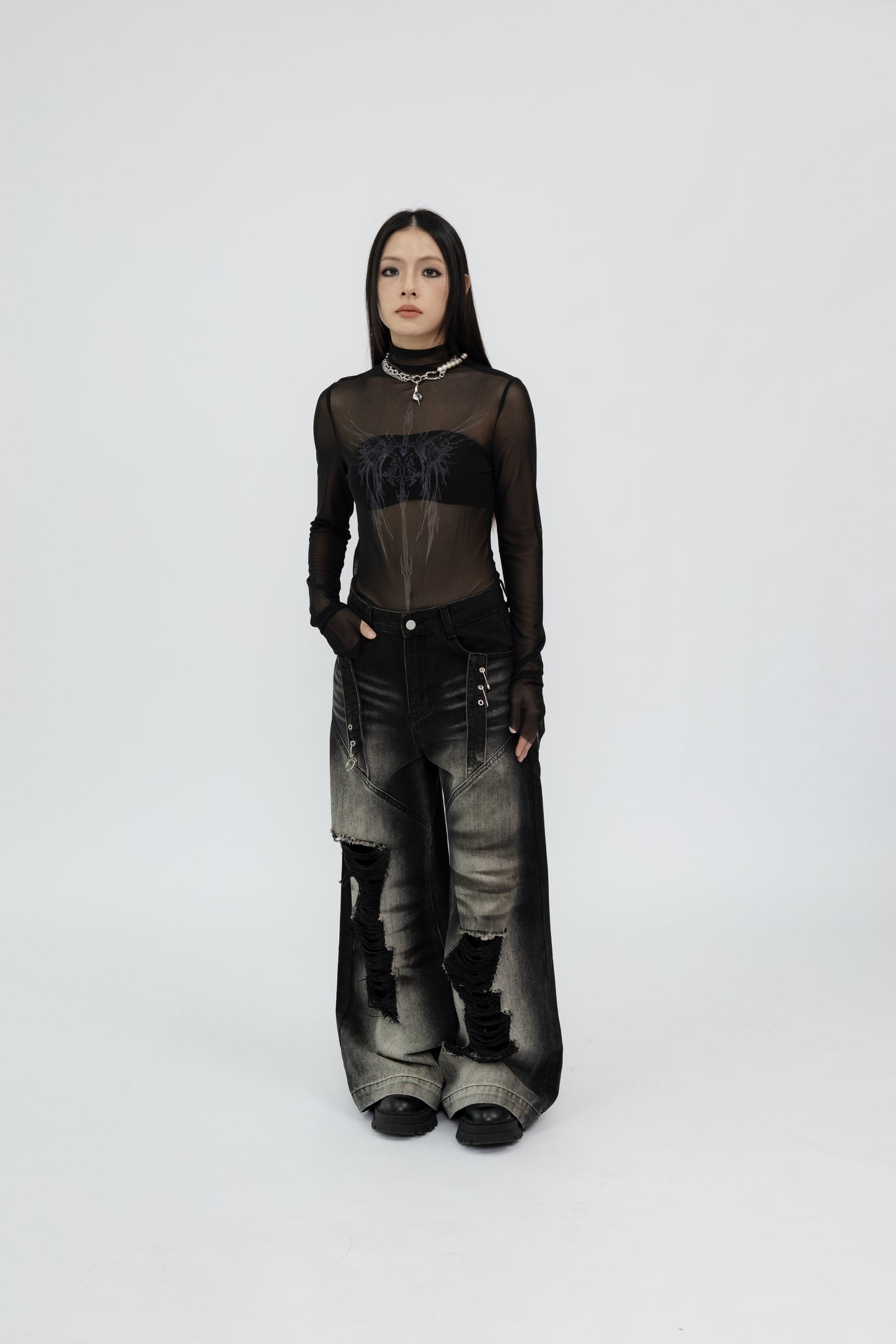 Sheer Mesh Long Sleeve Top with Sceptre Pattern .