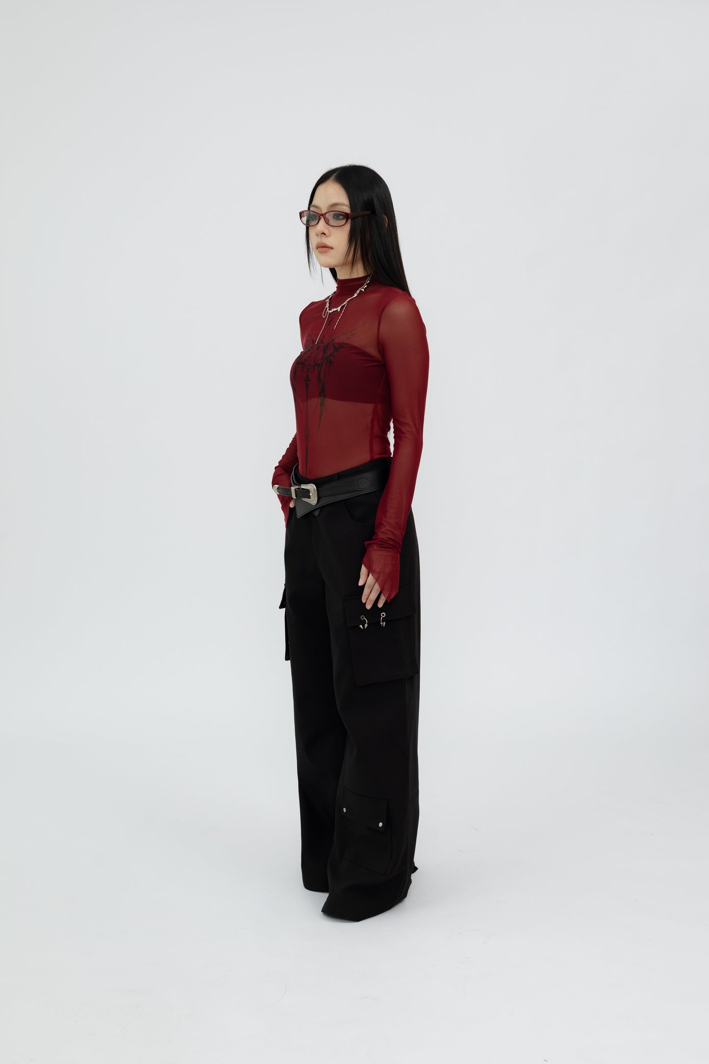 Sheer Mesh Long Sleeve Top with Sceptre Pattern .