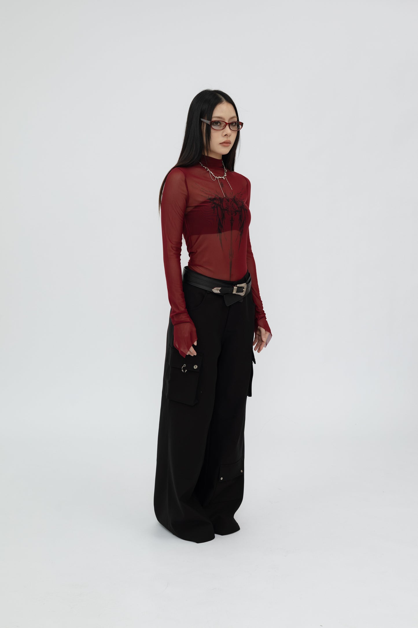 Sheer Mesh Long Sleeve Top with Sceptre Pattern .
