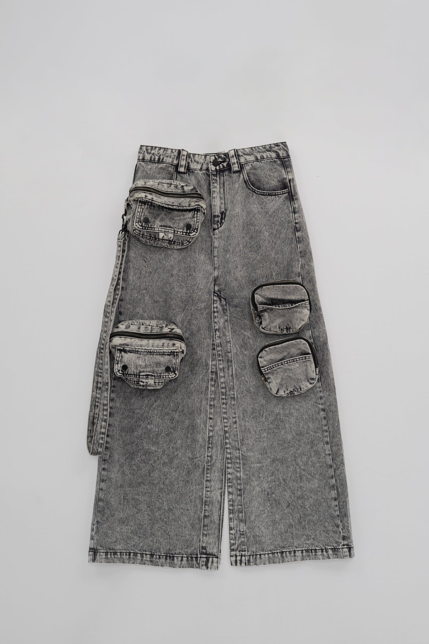 Washed Denim Skirt with Removable Pouches .