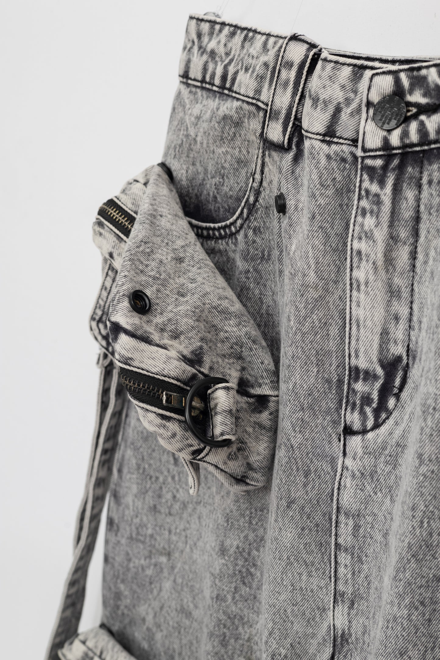 Washed Denim Skirt with Removable Pouches .
