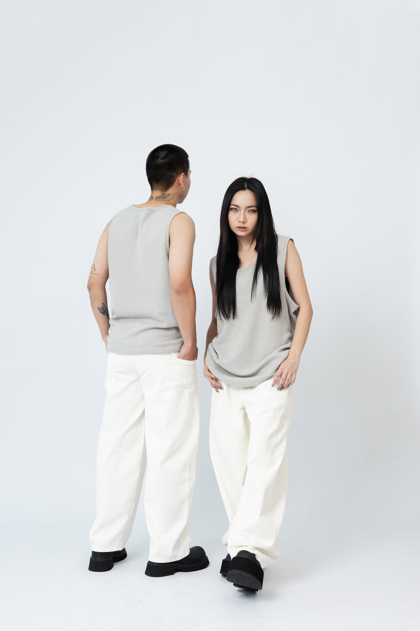 Knitted Sleeveless Tank Top - GREY .