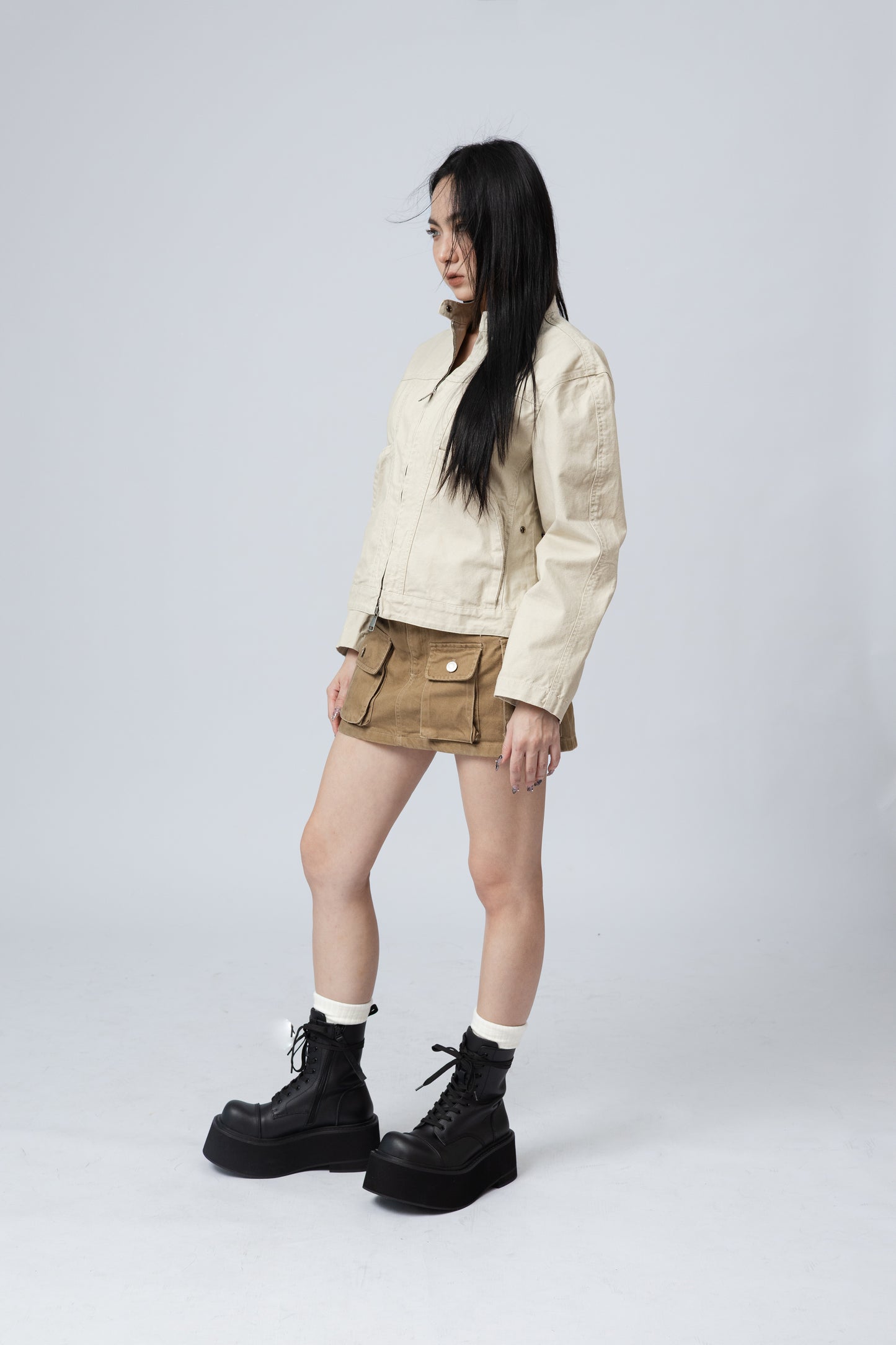 Washed Boxy Fit Jacket with Pouch - BEIGE .