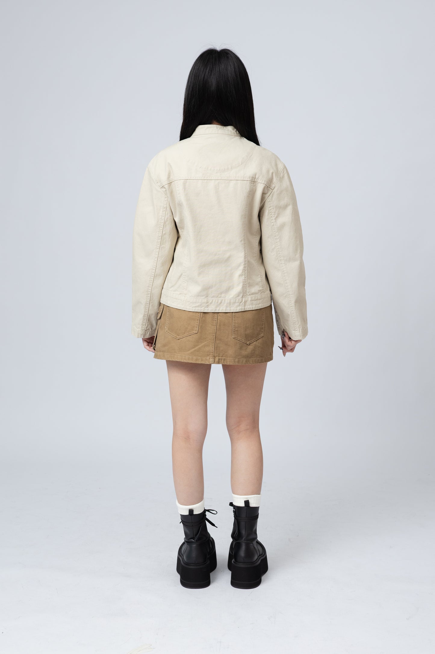 Washed Boxy Fit Jacket with Pouch - BEIGE .