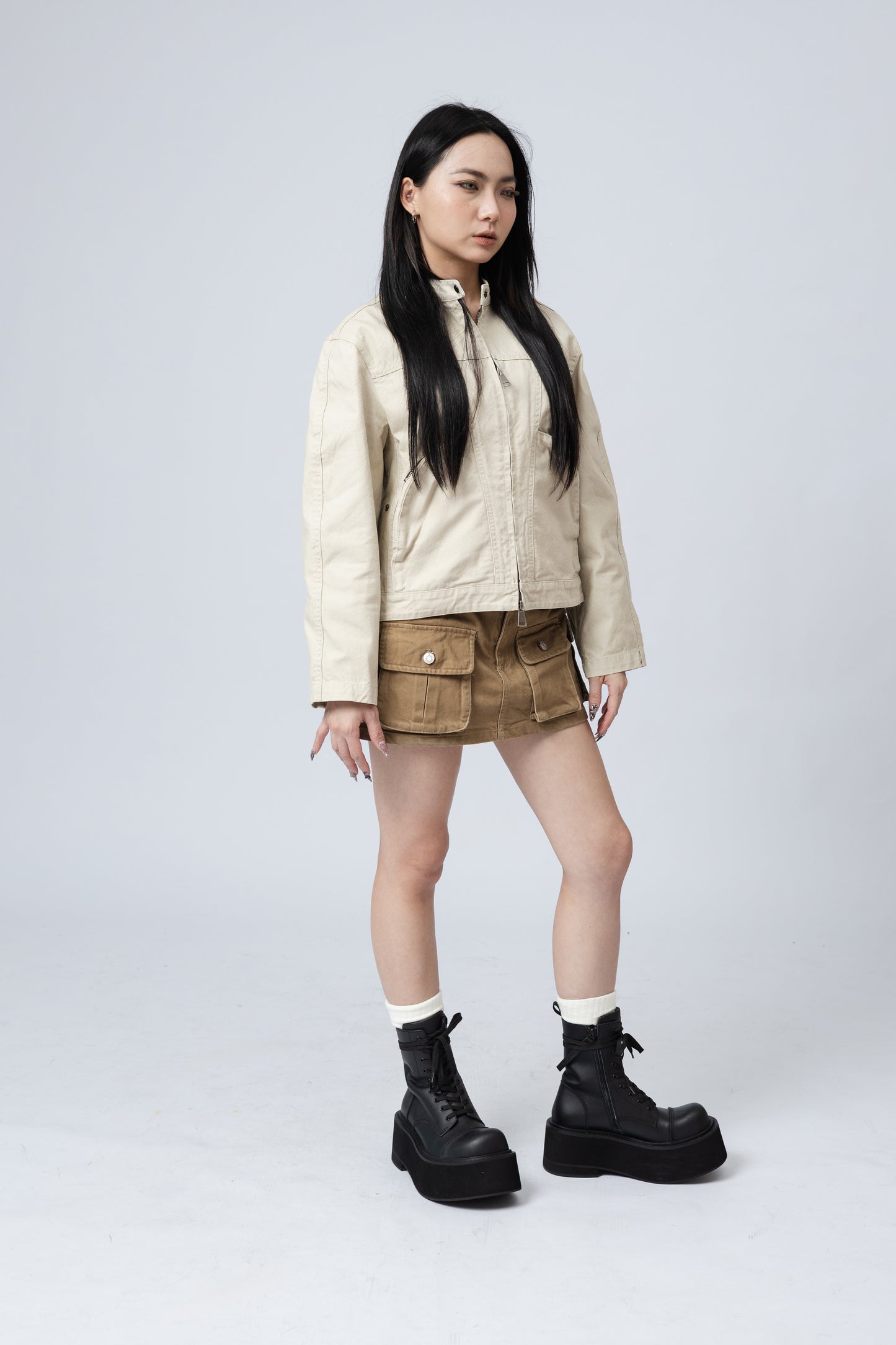Washed Boxy Fit Jacket with Pouch - BEIGE .