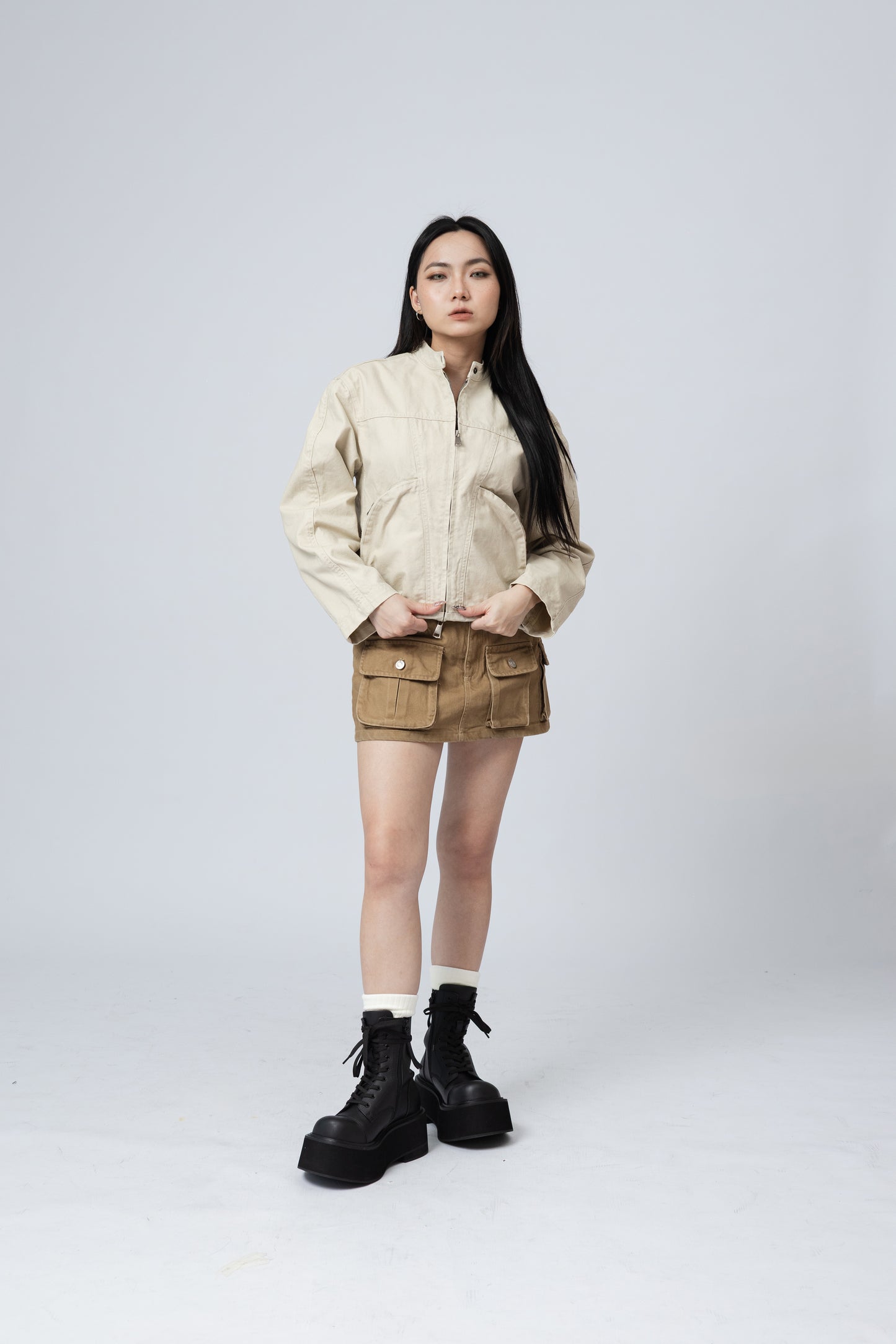 Washed Boxy Fit Jacket with Pouch - BEIGE .
