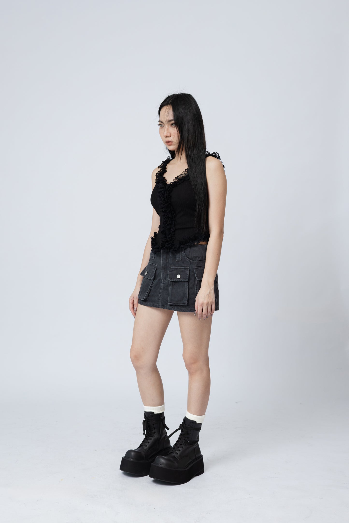 Ruffles Cami Top - BLACK .