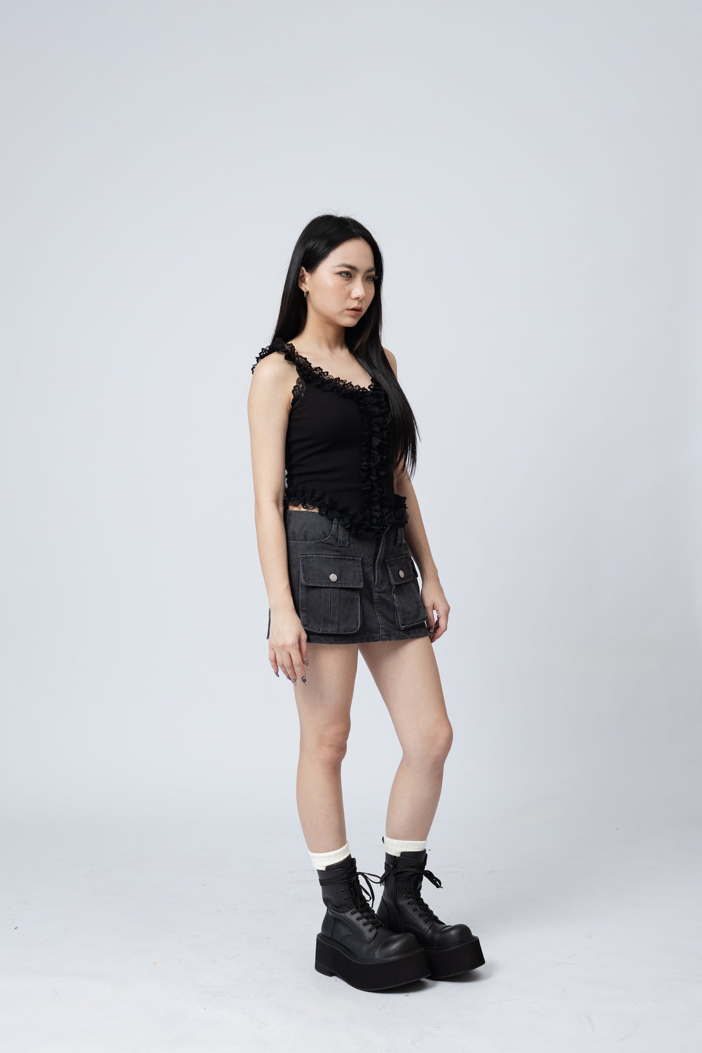 Ruffles Cami Top - BLACK .