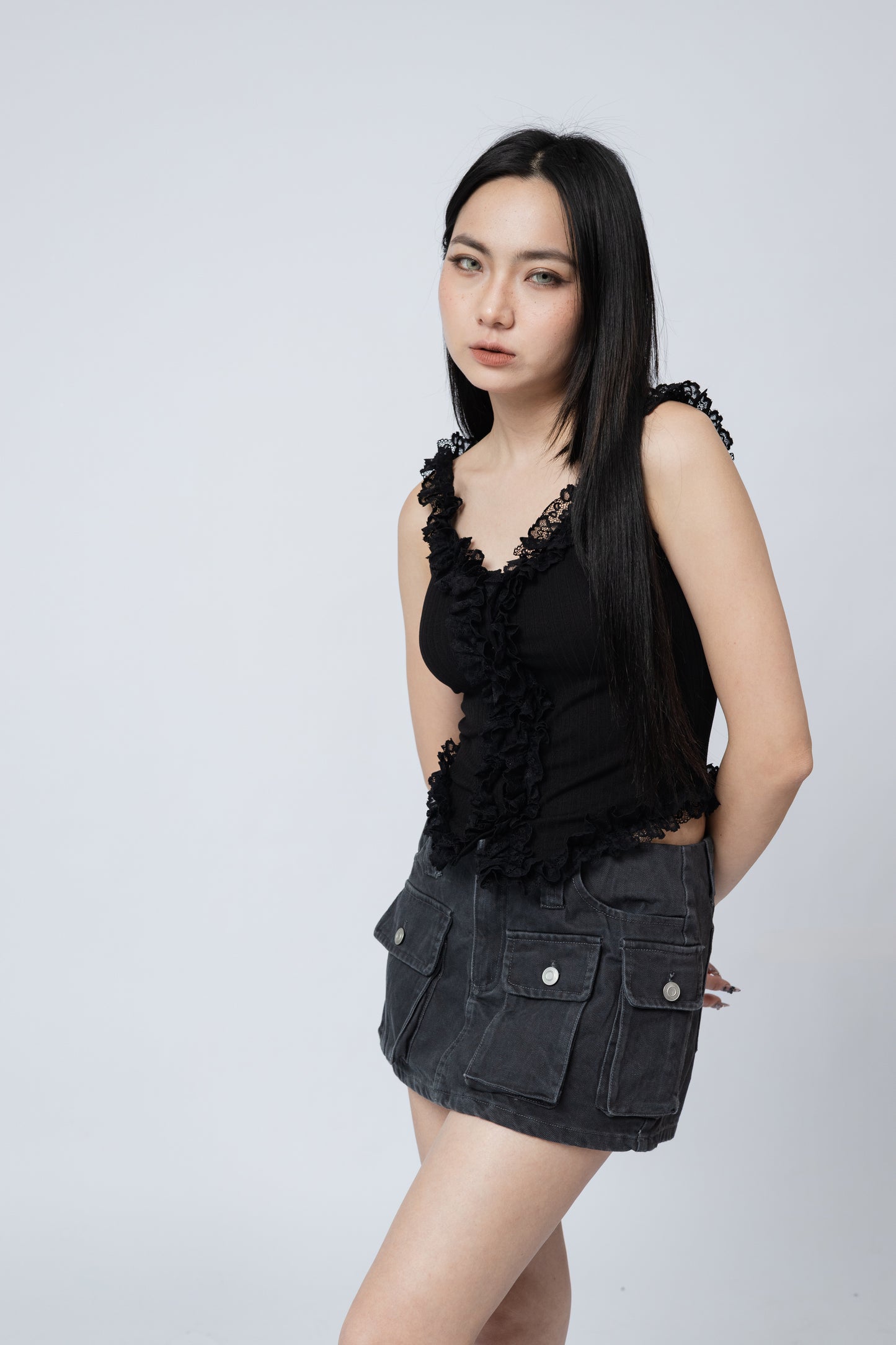 Ruffles Cami Top - BLACK .