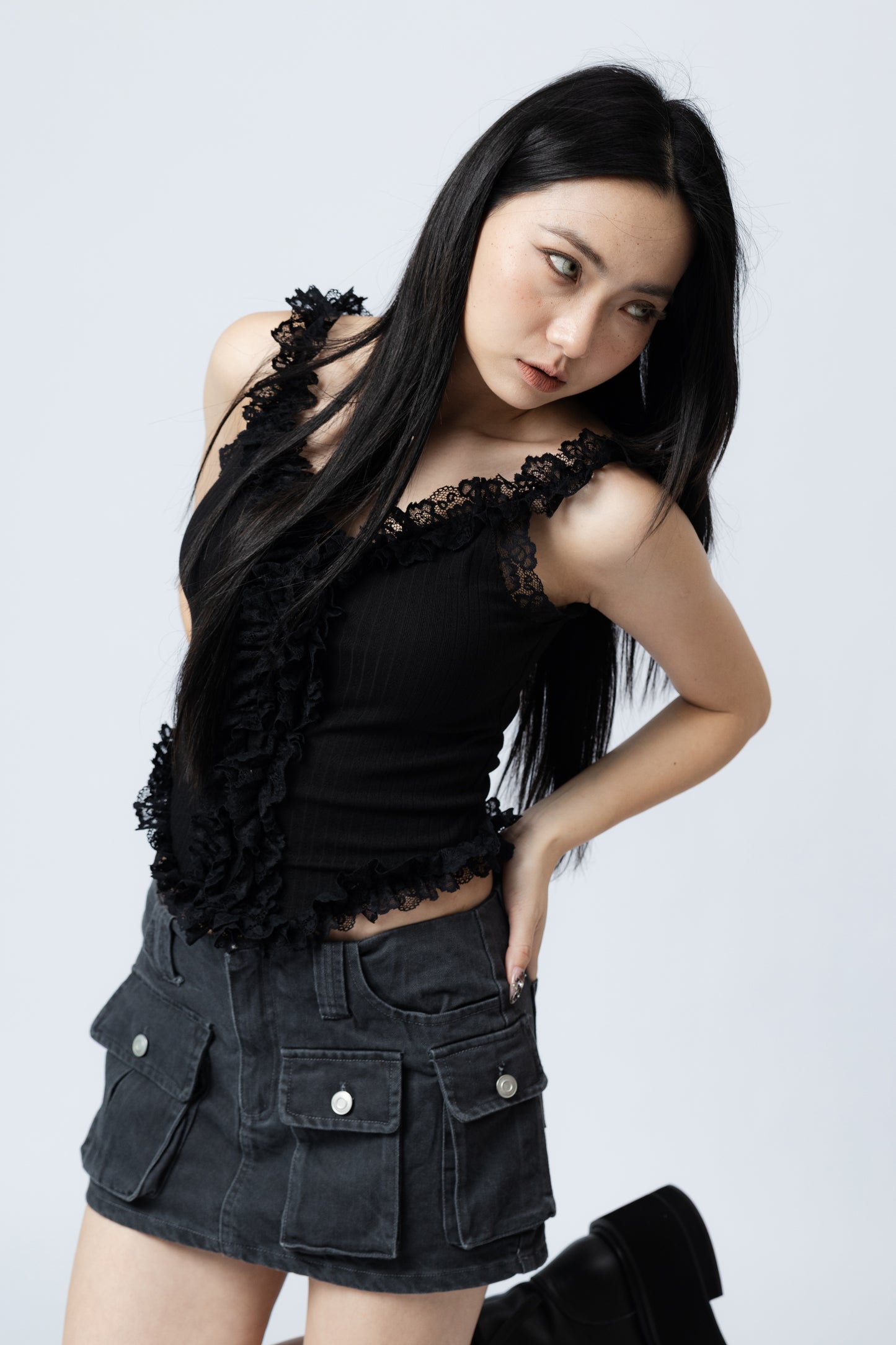 Ruffles Cami Top - BLACK .
