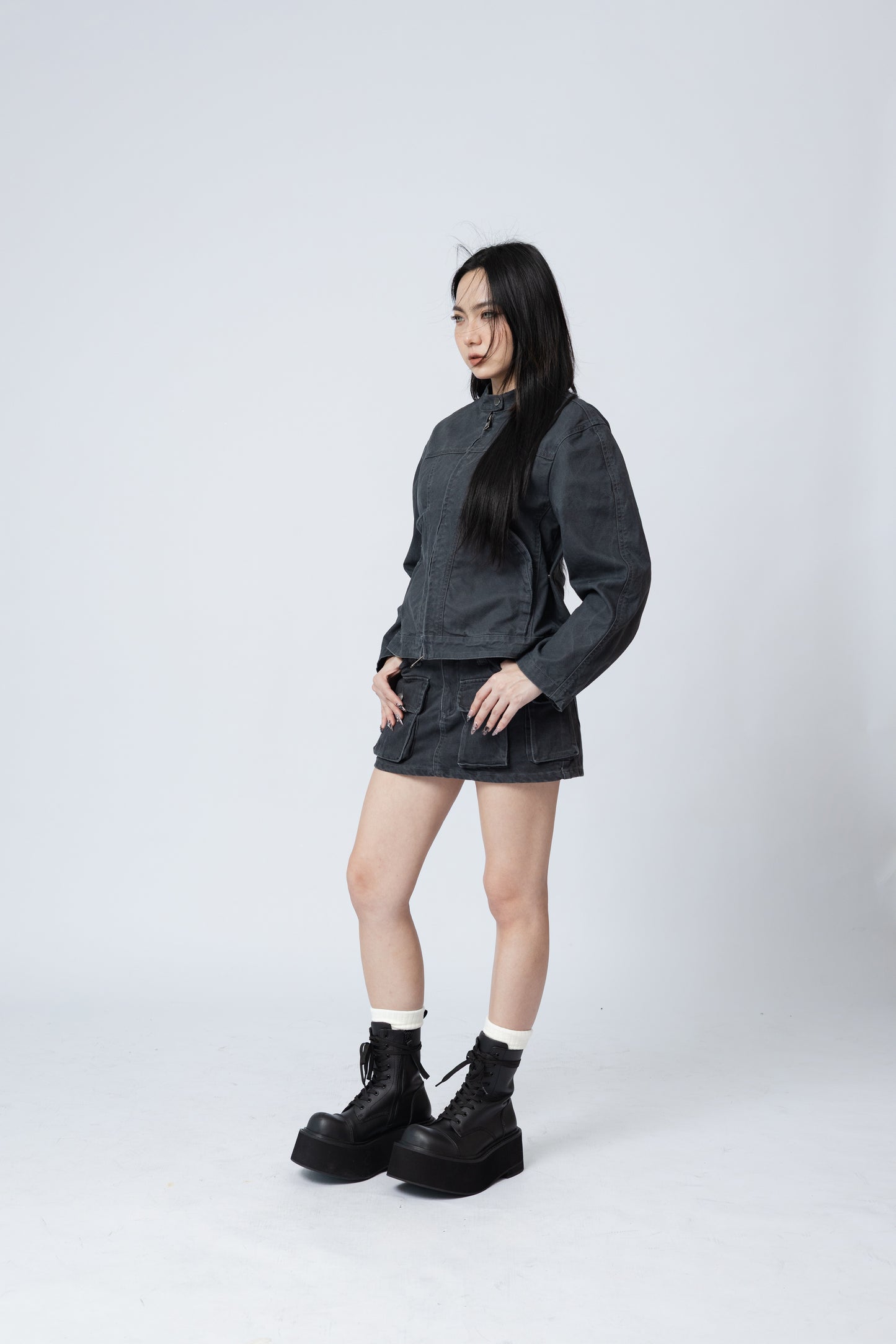 Washed Boxy Fit Jacket with Pouch - GREY .