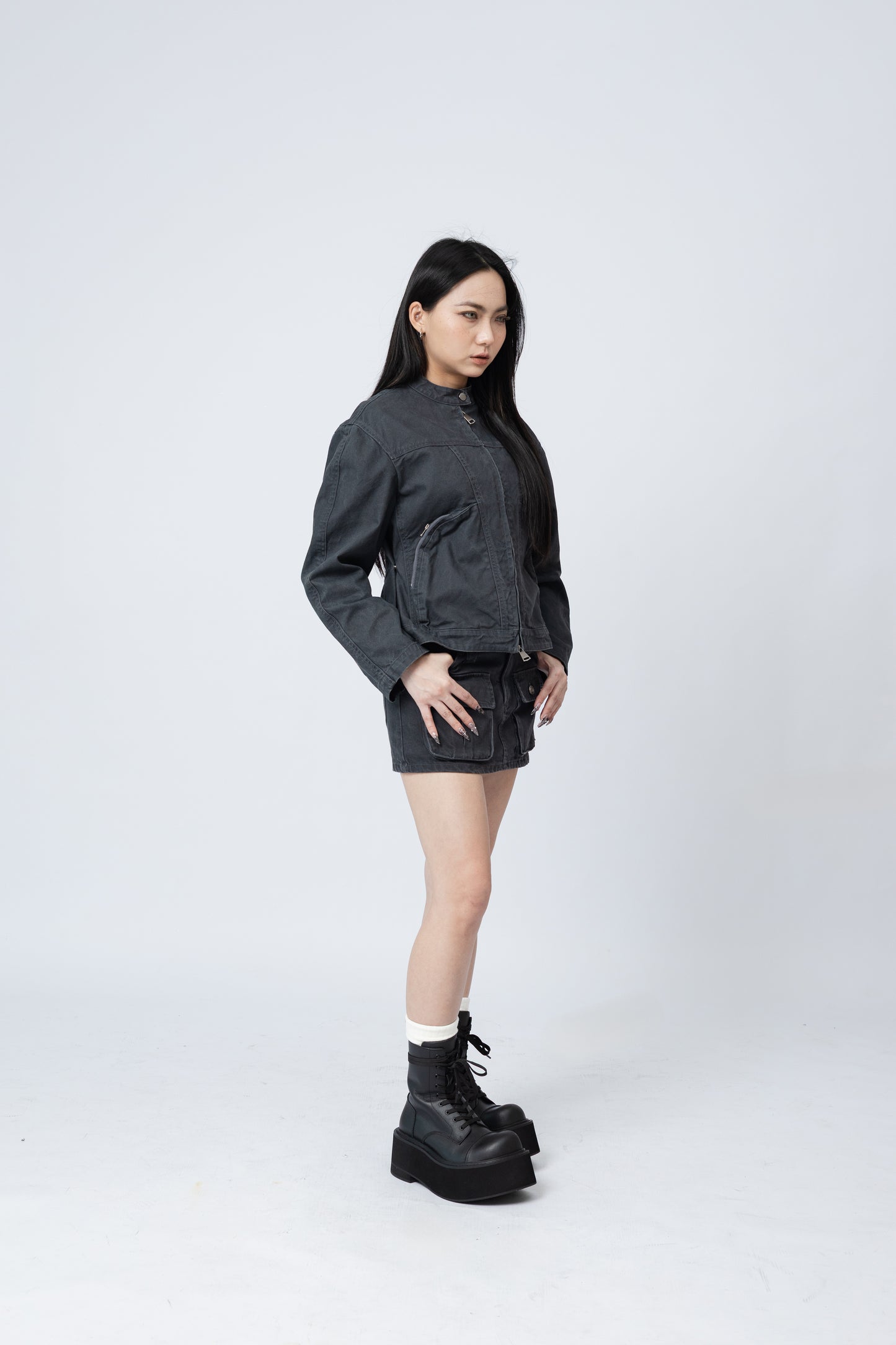 Washed Boxy Fit Jacket with Pouch - GREY .