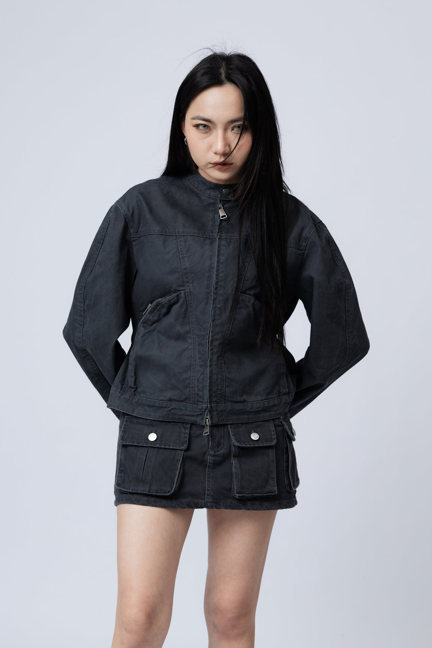 Washed Boxy Fit Jacket with Pouch - GREY .