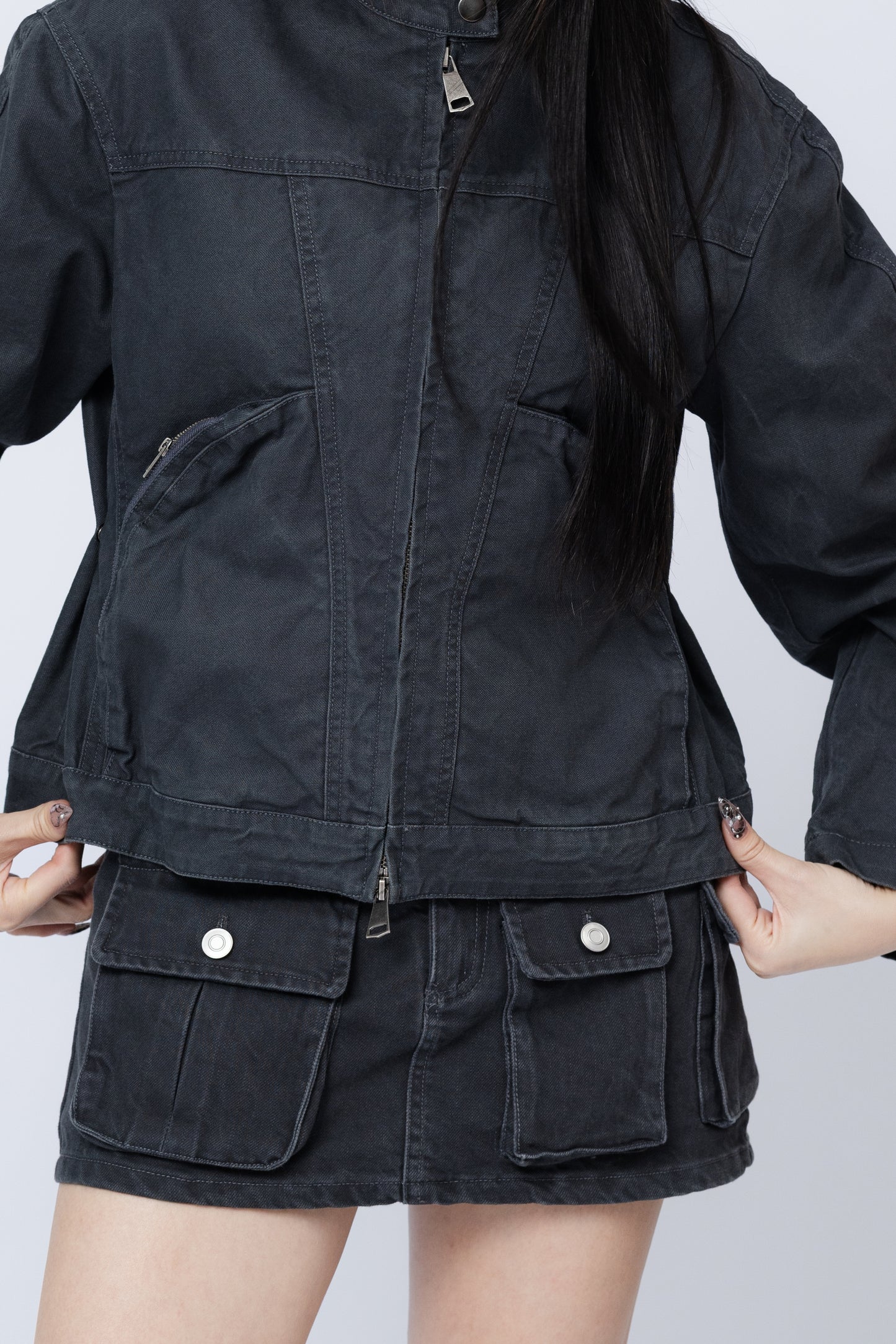 Cargo Mini Jean Skirt - GREY .