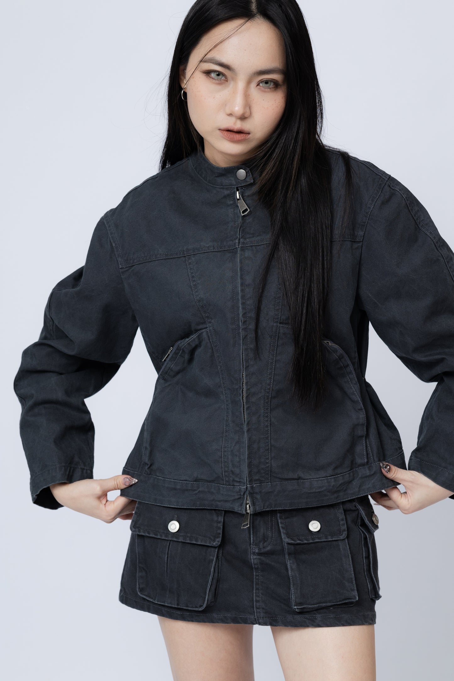 Washed Boxy Fit Jacket with Pouch - GREY .