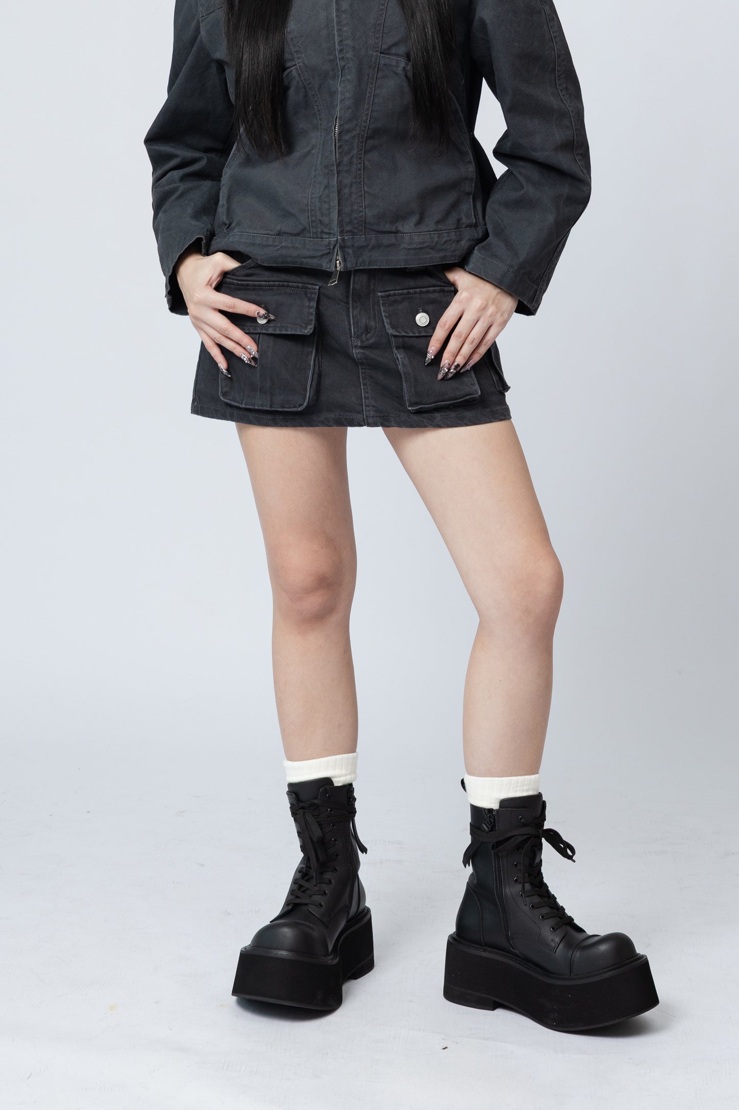 Cargo Mini Jean Skirt - GREY .
