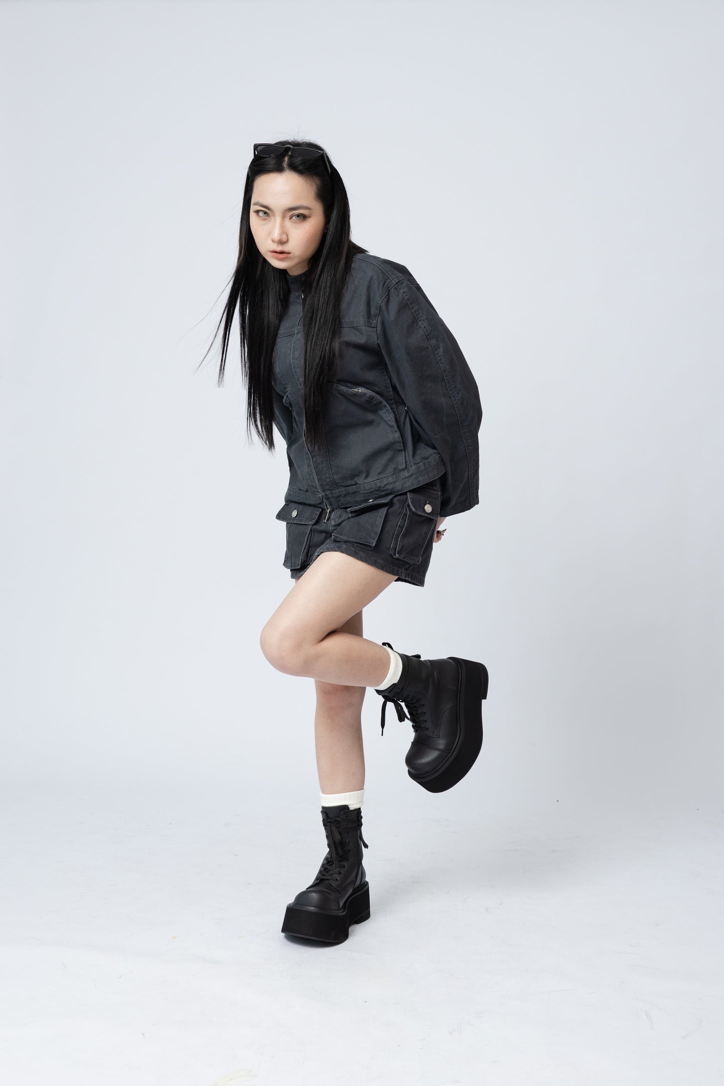 Cargo Mini Jean Skirt - GREY .