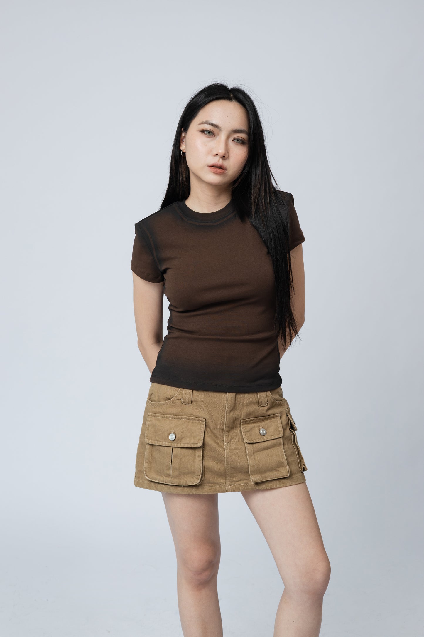 Cargo Mini Jean Skirt - KHAKI .