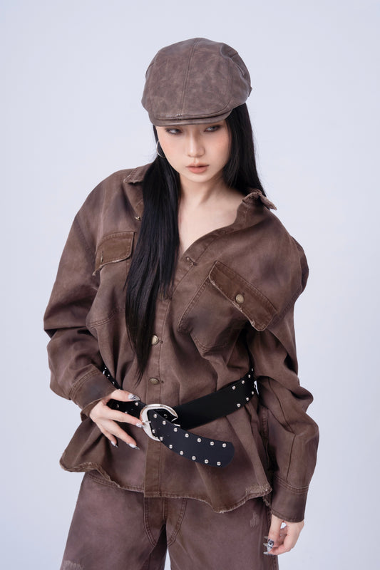 Red Brownish Washed Denim Jacket .