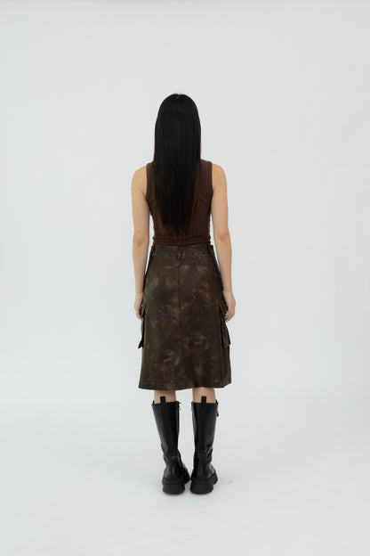 Washed Faux Leather Midi Skirt .