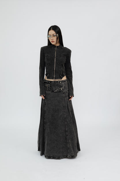 Washed Denim Flared Skirt .