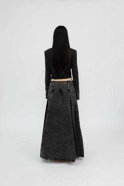 Washed Denim Flared Skirt .