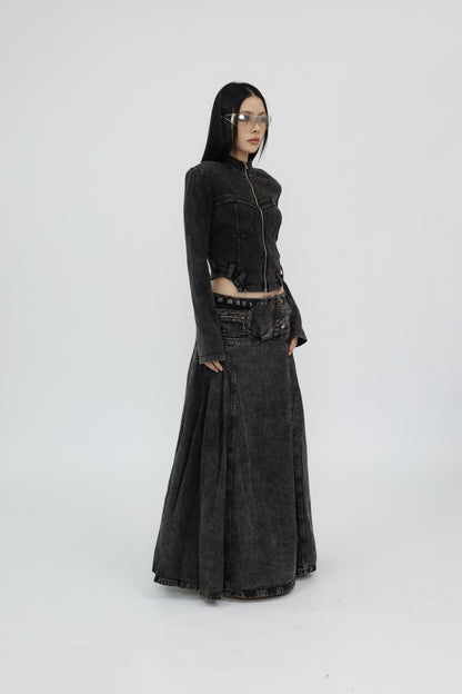 Washed Denim Flared Skirt .