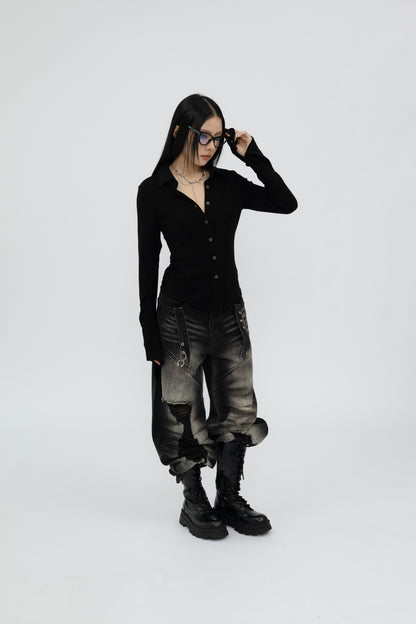 Solid Colour Flared Sleeve Top .