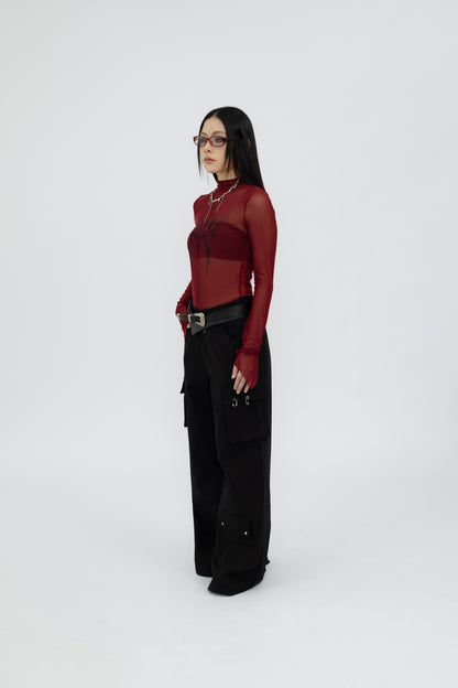 Sheer Mesh Long Sleeve Top with Sceptre Pattern .