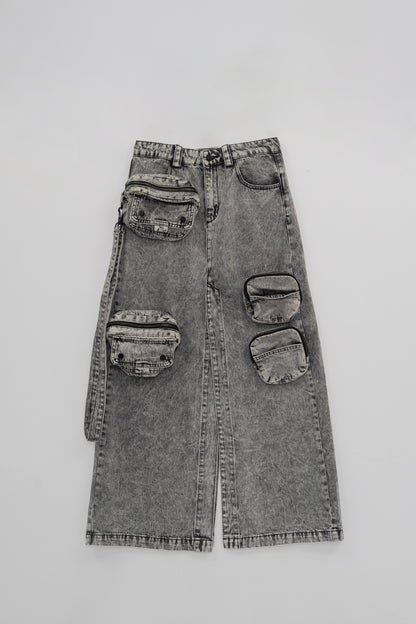 Washed Denim Skirt with Removable Pouches .