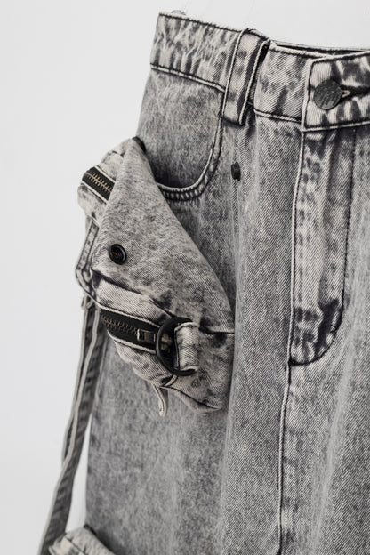 Washed Denim Skirt with Removable Pouches .