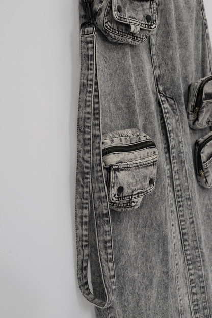 Washed Denim Skirt with Removable Pouches .